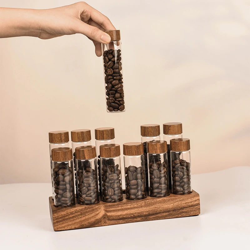 Présentoir de boîtes de grains de café en bois massif de noyer, Tube en verre Borosilicate, outil de stockage et de scellage des grains de café pour la maison