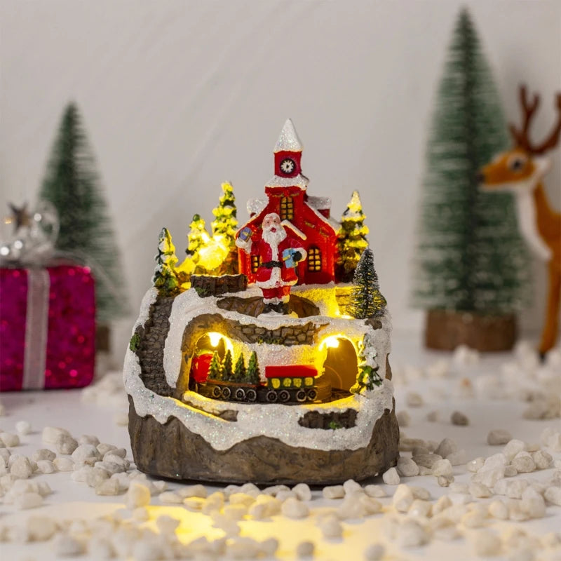 Resin Statue Xmas Decorative Village House LED Lighted Musical Snow House Christmas Tabletop Figurine Home Festival