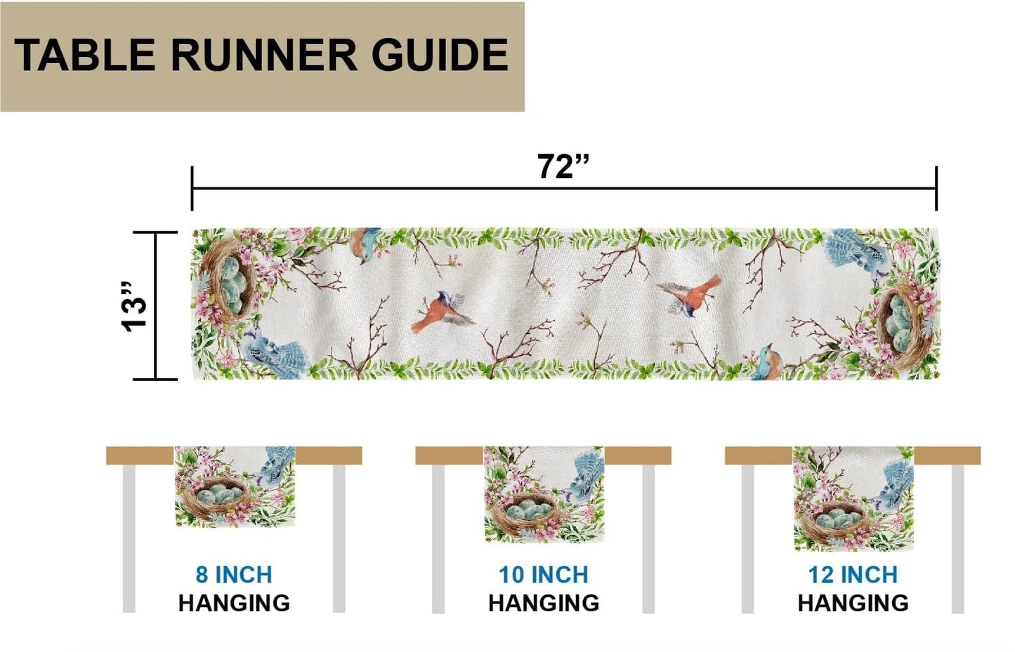Spring Floral Bird Easter Linen Table Runner Holiday Party Decor Spring Green Leaf Table Runner for Reusable Dining Table Decor