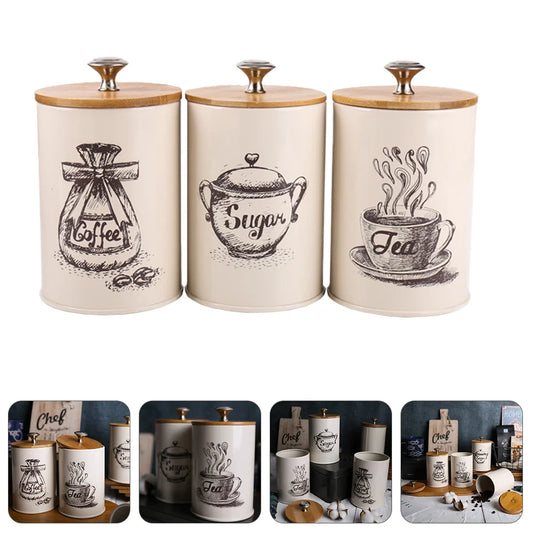 3 Pcs Storage Tank Tea Can Sugar Jar Coffee Jars Food Containers Cans with Covers Kitchen Galvanized Iron Leaf Seal