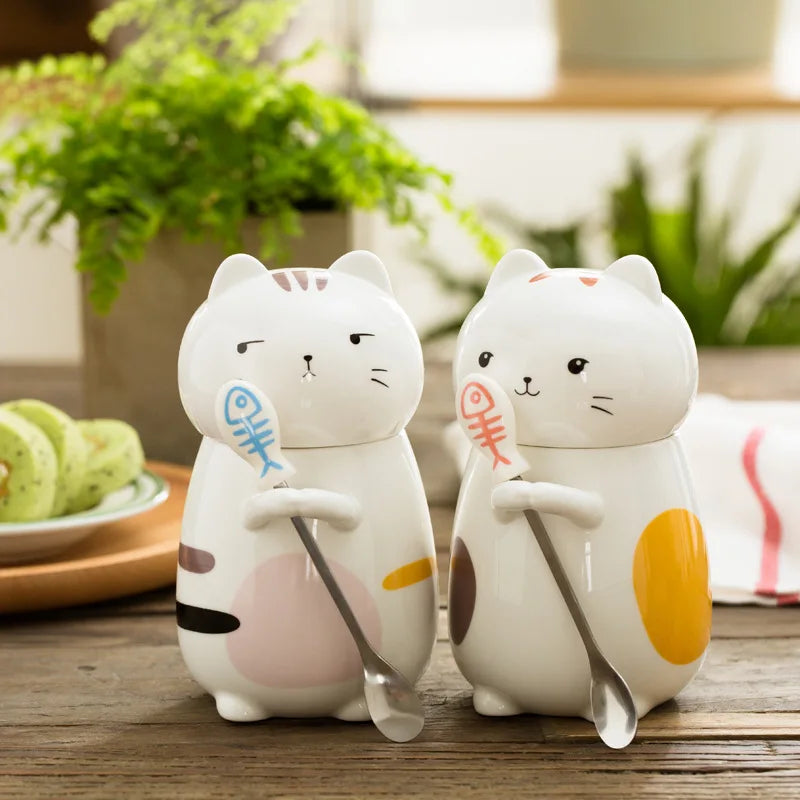 400ml Cute Kawaii Cat Mug Creative Ceramic Coffee Mugs with Spoon Porcelain Milk Cup with Lid Animal Drinkware Best Gift