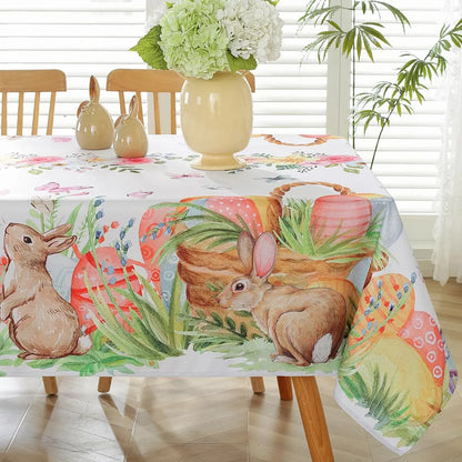 Easter Bunny Eggs Flower Waterproof Tablecloths Holiday Party Decor Spring Floral Plants Rectangle Table Cover Easter Decoration
