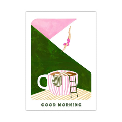 Retro Coffee Diving Poster Canvas Painting Good Morning Coffee Lover Print Wall Art for Living Room Home Kitchen Decor Frameless