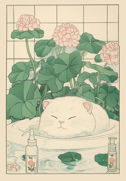 Japanese Tabby Cat in Bathtub Poster Prints Canvas Painting Retro Aesthetic Wall Art Picture Japandi Bathroom Toilet Home Decor