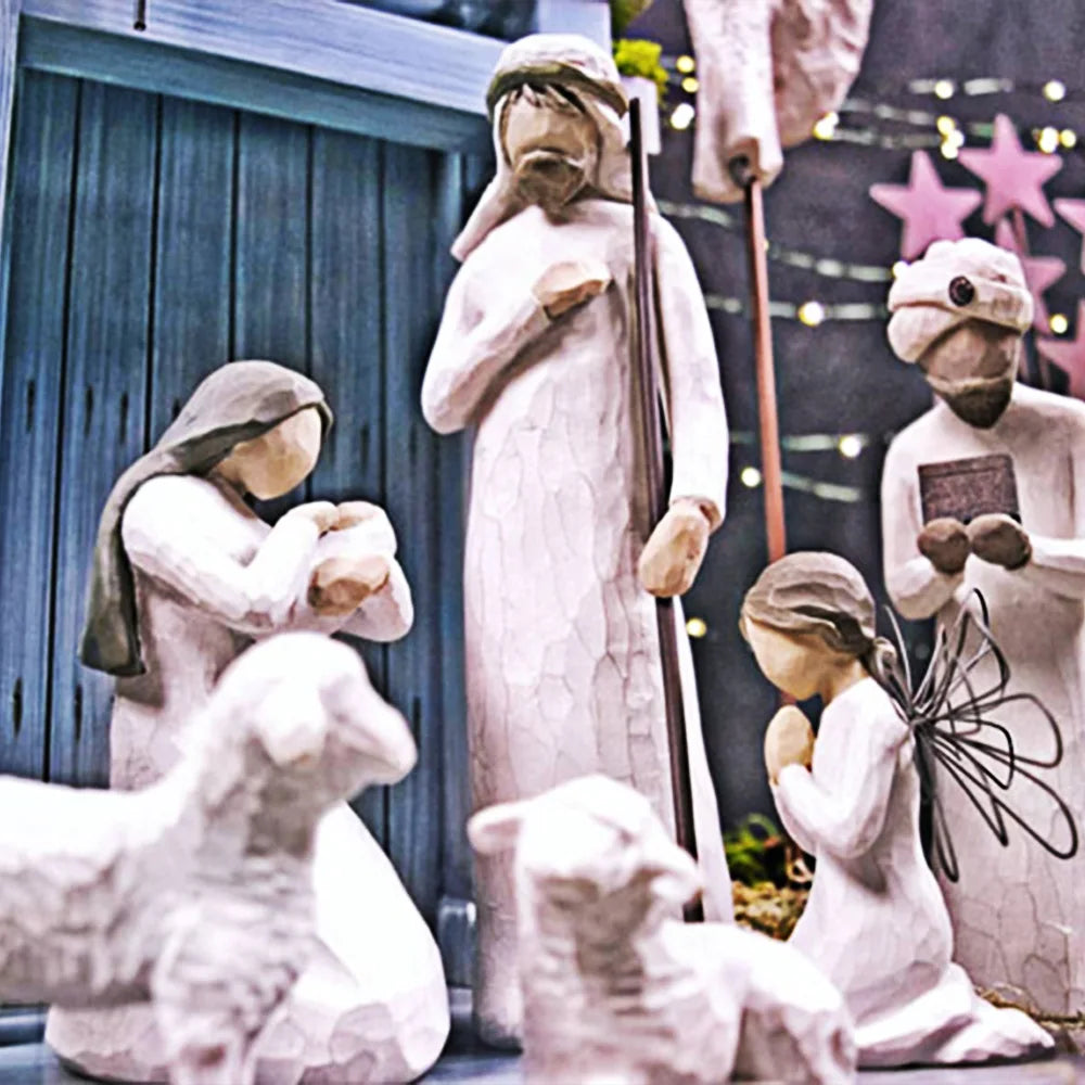 Ensemble de 7 pièces de lieu de naissance de la Nativité, statues de saule dessinées à la main, foi, anniversaire, action de grâces, noël