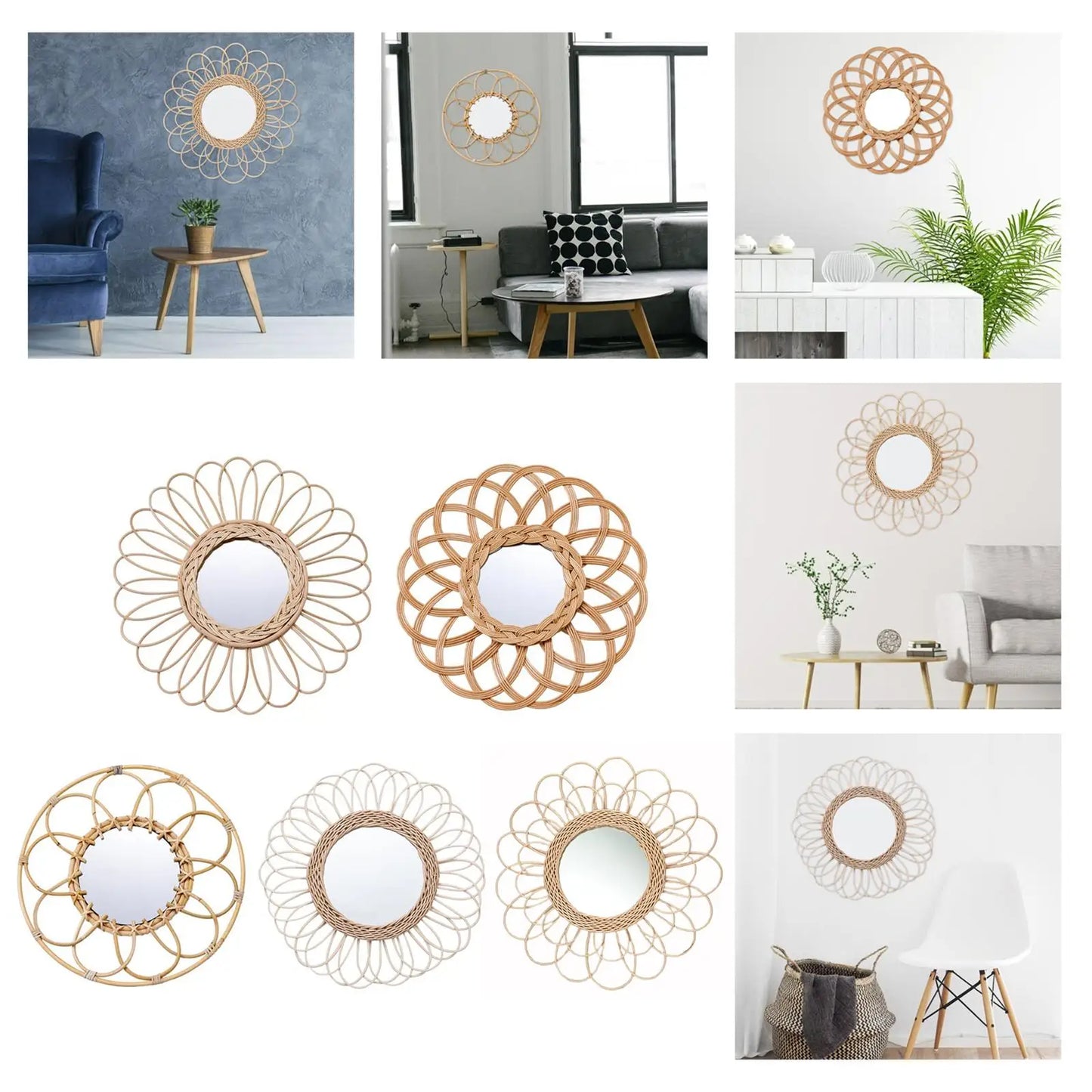 Natural Rattan Wall Mirror Small Handwoven Wicker Home Decor Bathroom Decoration Ornaments Gift