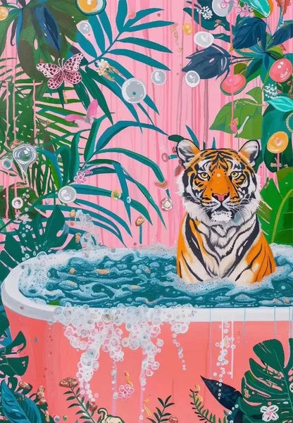 Funny Toilet Animals Black Cat Dog Flamingo Bear Tiger Reading Newspaper Poster Canvas Painting Wall Art Pictures Bathroom Decor