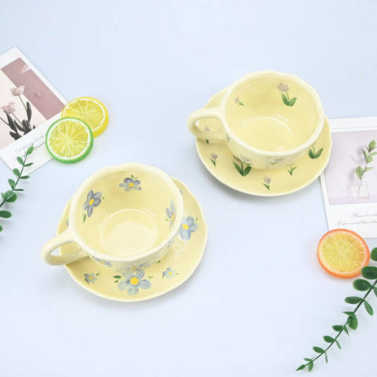 2PCS/Set High-end Coffee Cups And Saucers, High-value Ceramic Mugs, Business-style Latte Art Coffee Cups, Hand-pinched Cups