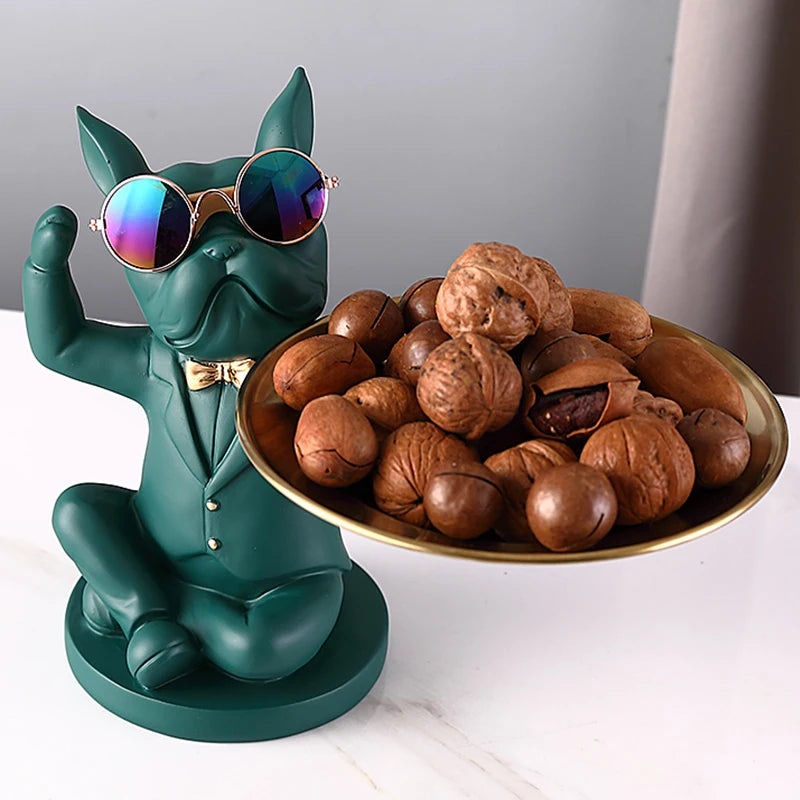 French Bulldog Figurine Resin Décor Dog Statue Butler with Metal Tray Living Room Decoration home Sculpture Craft Gift