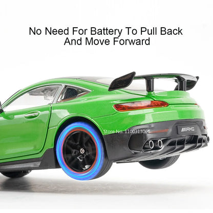 1:18 Scale Alloy GTR Car Model Diecast Toys Rubber Tire Light Sound Simulated Vehicles Models Wheel Pull Back Cars Boys Presents