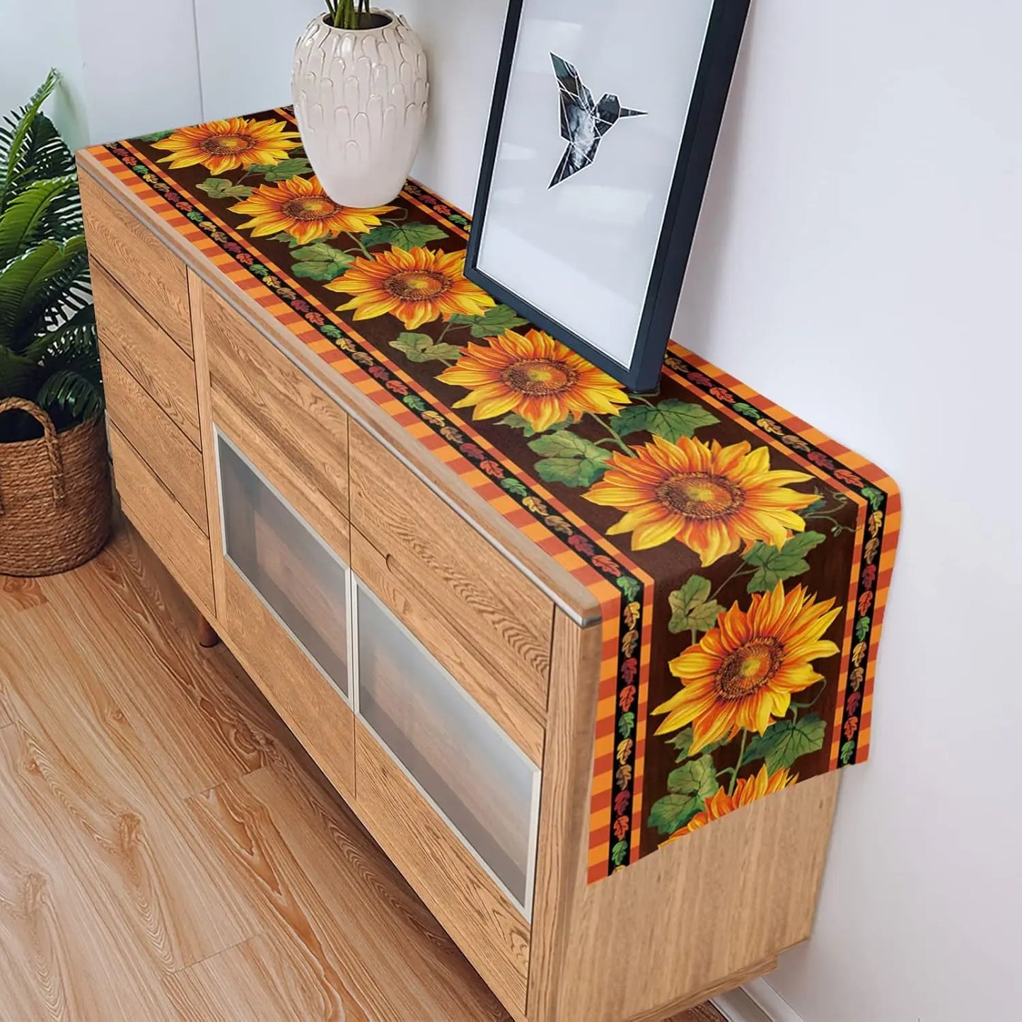 Autumn Sunflower Buffalo Plaid Linen Table Runner Fall Leaves Orange Dresser Scarf for Holiday Wedding Party Kitchen Table Decor