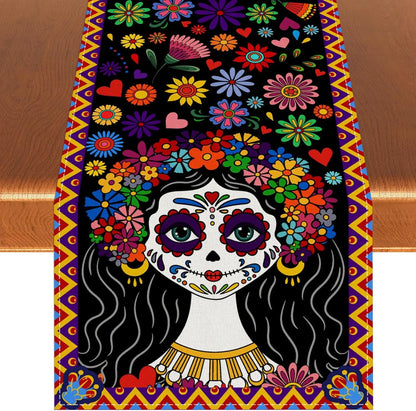 Mexican Day of The Dead Sugar Skull Linen Table Runners Dresser Scarf Decor Washable Dining Table Runners Party Decorations