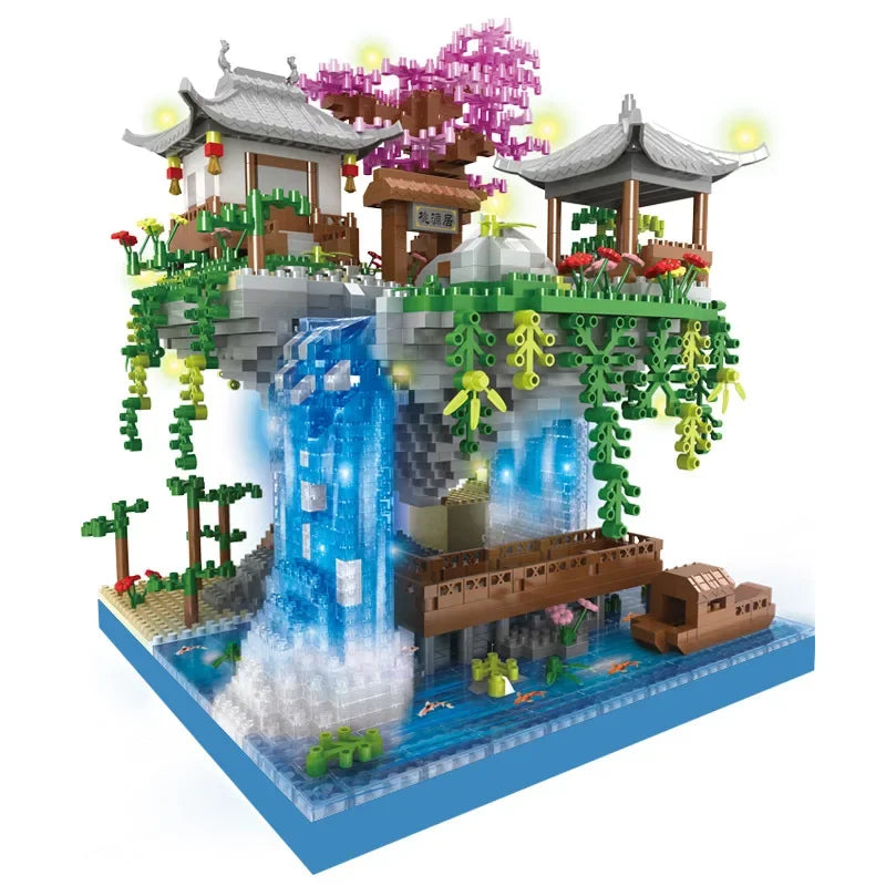 Château d'étang en fleurs de pêcher, Architecture ancienne, modèle de bloc de construction à assembler, jouet pour enfants, haute difficulté