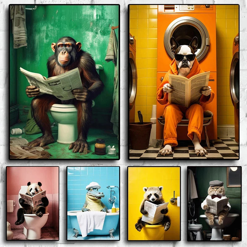 Chimpanzee Cat Dog Animal Funny Series Art Wall Picture For Bathroom Toilet Room Canvas Painting Print Posters Home Decor Gift