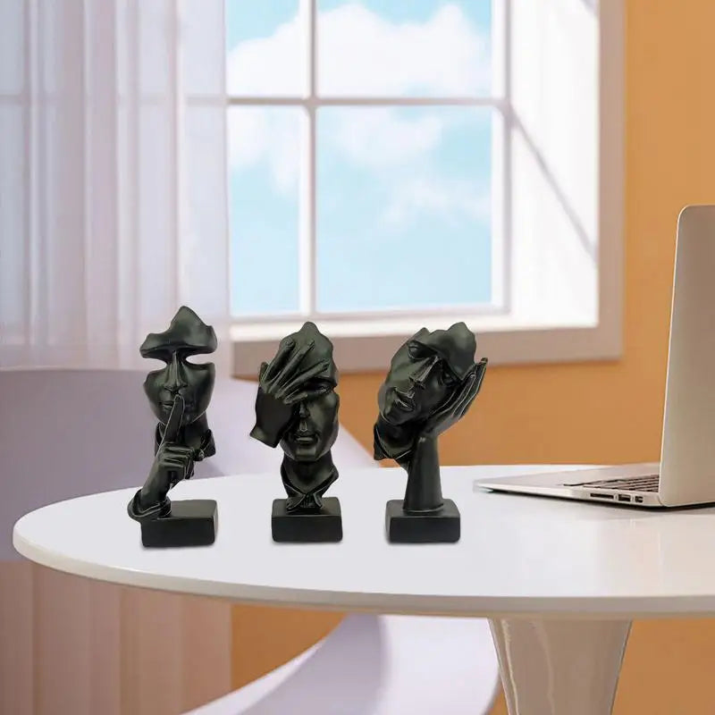 Black Thinker Statue 3pcs Modern Home Collection Statues Abstract Facial Art Resin Ladies Thinker Figurines Set For Living Room