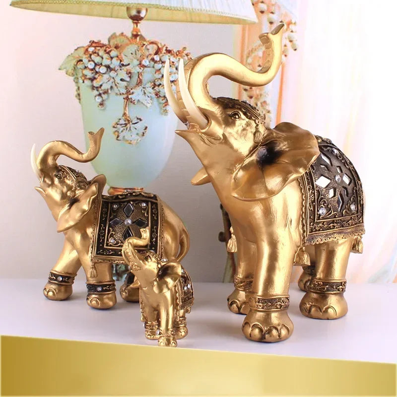 1PC Golden Resin Elephant Statue Feng Shui Elegant Elephant Trunk Sculpture Lucky Wealth Figurine Crafts Ornaments Home Decor