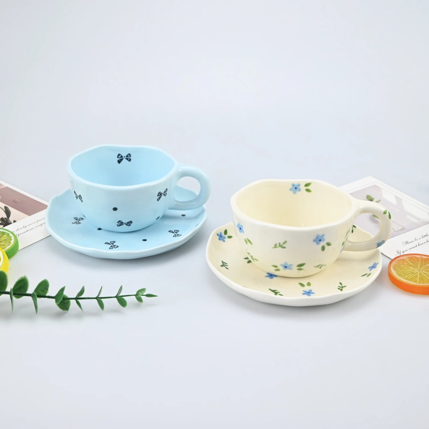 2PCS/Set High-end Coffee Cups And Saucers, High-value Ceramic Mugs, Business-style Latte Art Coffee Cups, Hand-pinched Cups