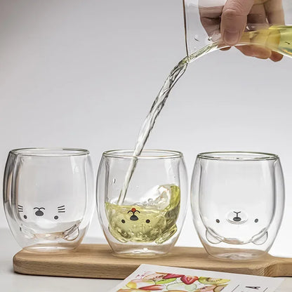 Cute Bear Glass Glass Sets of 4Pcs，Double Layer Coffee Glass Mugs Kids Breakfast Milk Cups Cartoon Bear Cocktail Glass of Glass