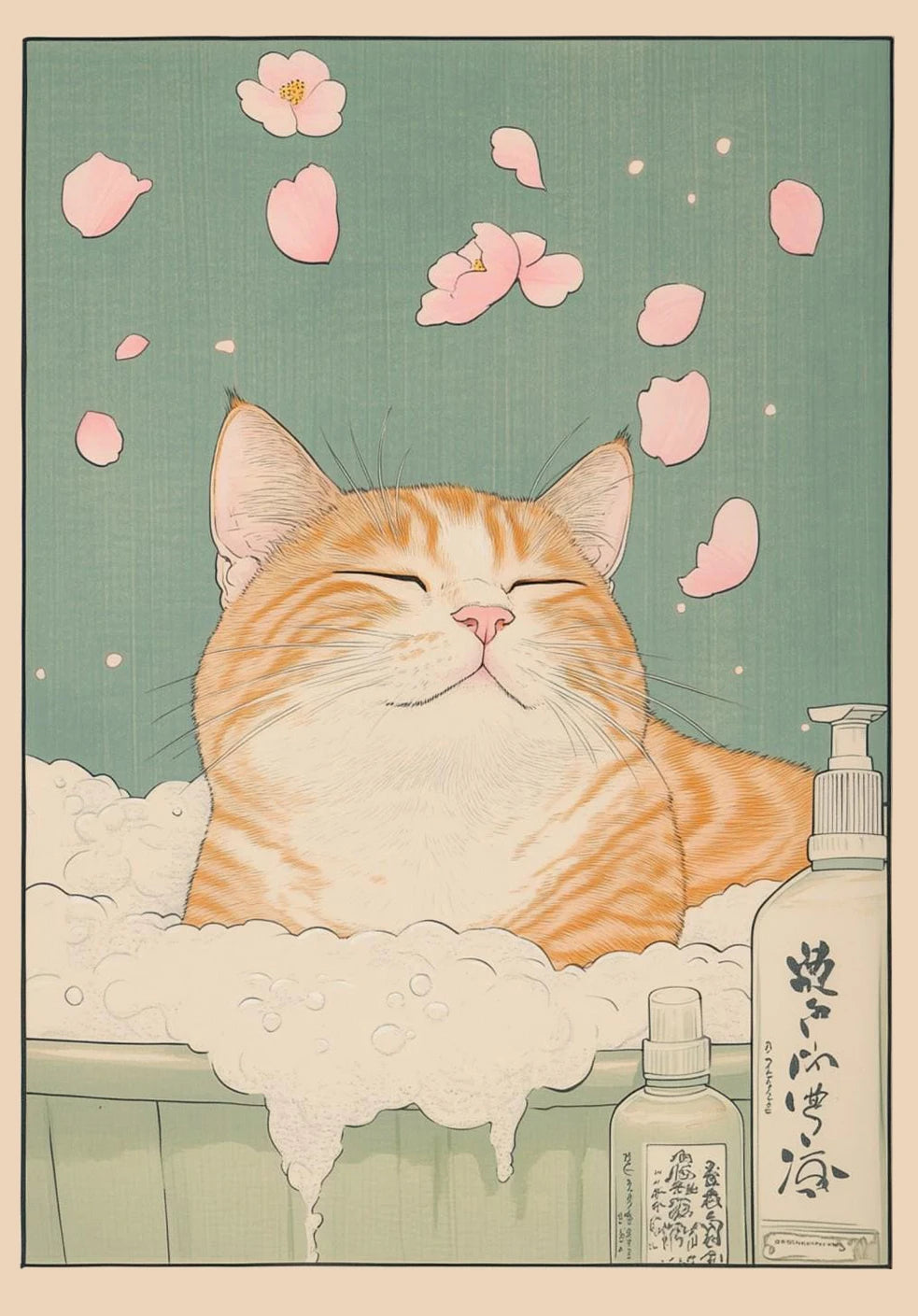 Japanese Tabby Cat in Bathtub Poster Prints Canvas Painting Retro Aesthetic Wall Art Picture Japandi Bathroom Toilet Home Decor