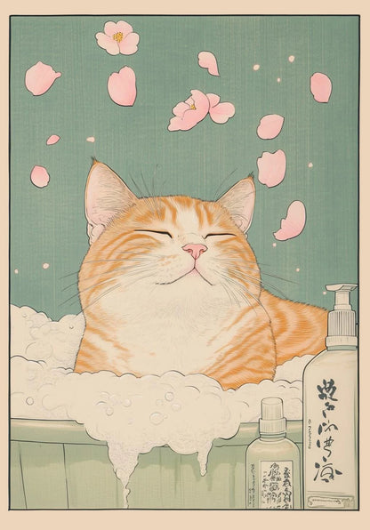 Japanese Tabby Cat in Bathtub Poster Prints Canvas Painting Retro Aesthetic Wall Art Picture Japandi Bathroom Toilet Home Decor