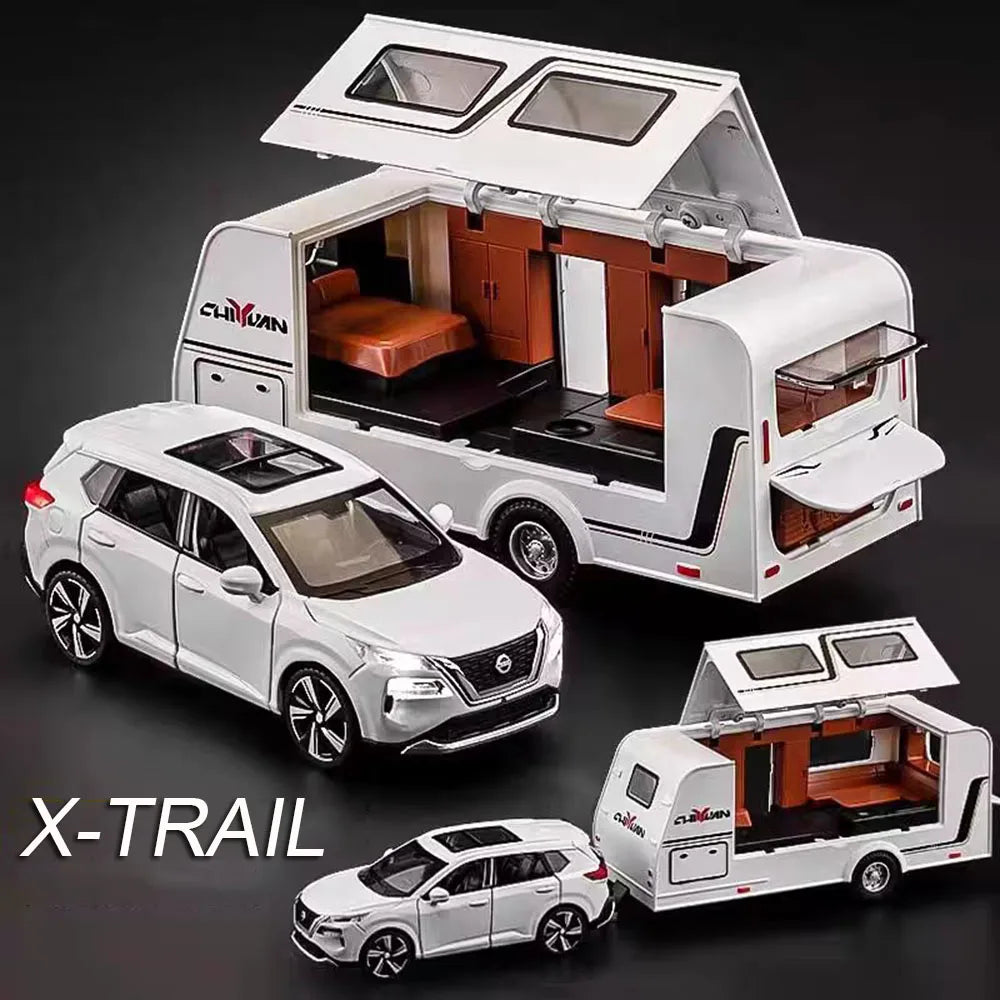 1:32 Scale X-TRAIL Touring Models Toys Miniature Cars Alloy Diecast Rubber Tires Caravans Light Sound Vehicle Child Adult Gifts