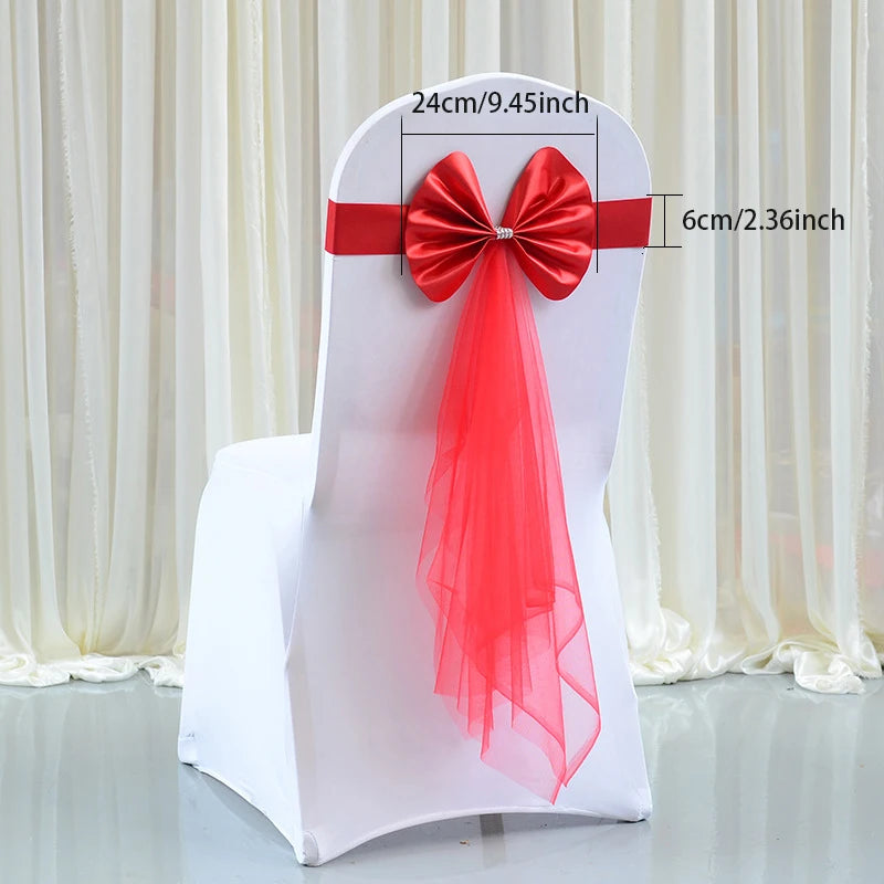 10PCS Satin Organza Chair Bow Sashes Wedding Chair Knots Bow Cover Band For Party Event Hotel Banquet Country Wedding Decoration