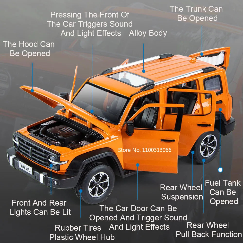 1/24 Tank 300 Alloy Cars Model Toy Rear Wheel Suspension Pull Back Vehicle with Lights Sound High Imitation Cars for Boys Gifts