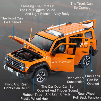 1/24 Tank 300 Alloy Cars Model Toy Rear Wheel Suspension Pull Back Vehicle with Lights Sound High Imitation Cars for Boys Gifts