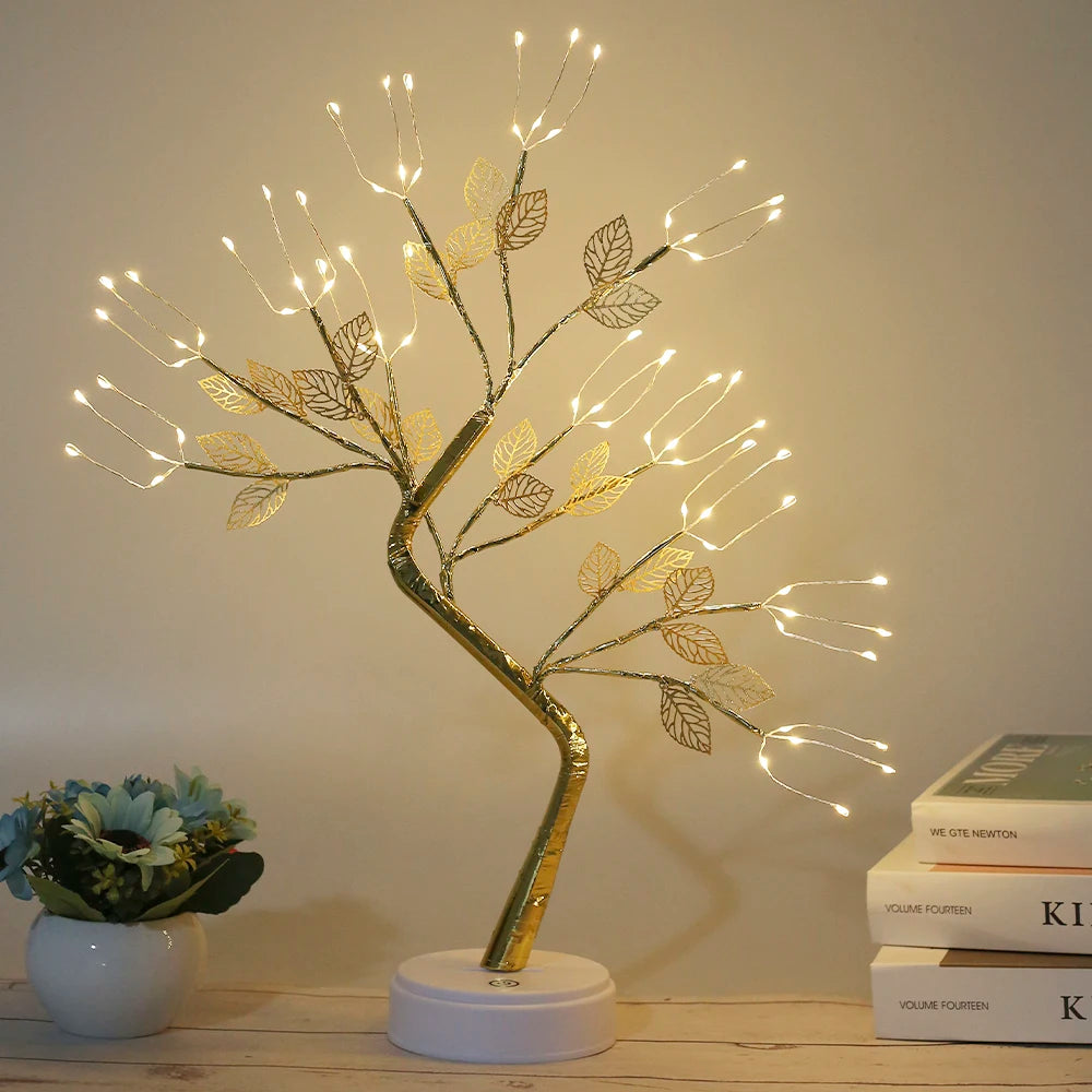Full Sky Star Golden Leaf Willow Cherry Tree LED Night Light Mini Christmas Tree Copper Wire Garland Lamp Fairy Light For Home
