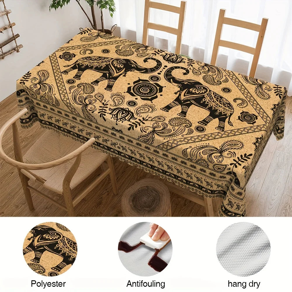 Country Style Elephant Flowers Plants Tablecloth Home Decorations Farmhouse Tribal Rectangle Table Cloth for Kitchen Table Decor