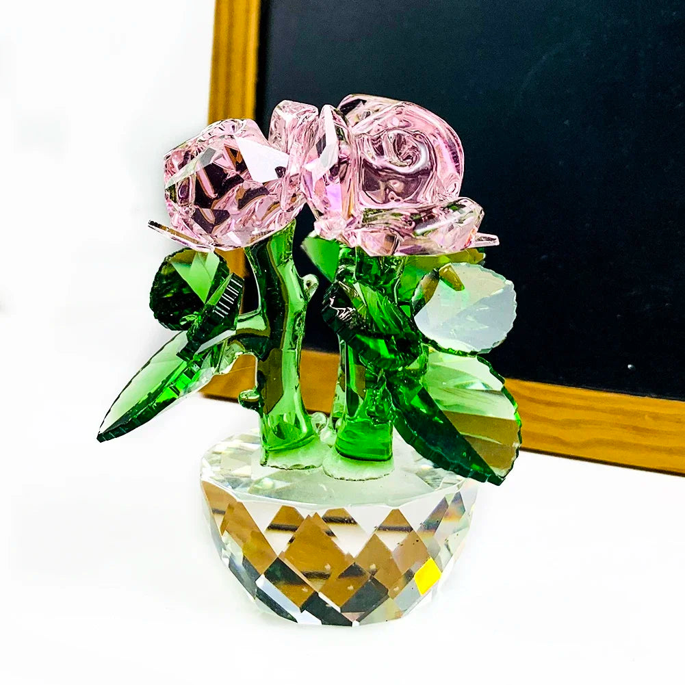Leaves Crystal Pink Rose Flower Faceted Prism Glass Suncatcher Ornaments Craft Figurines Miniatures Wedding Core Home Decor Gift