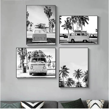 Black White Photography Camper Van Beach Surf Print Palm Tree Art Canvas Painting Ocean Poster Living Room Home Decor Gift
