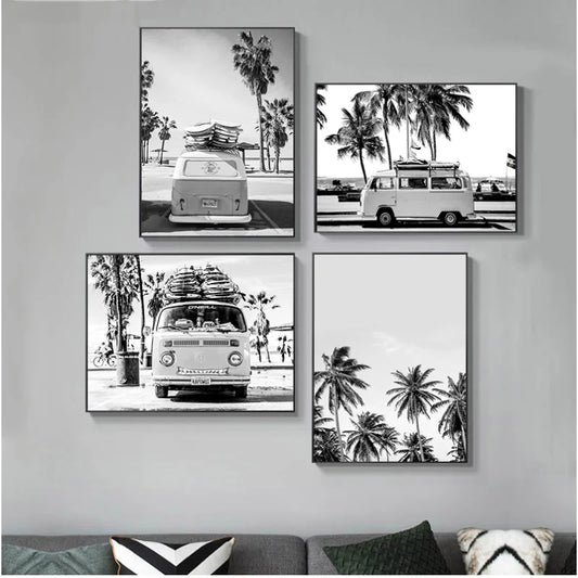 Photographie en noir et blanc, camping-Car, plage, Surf, impression de palmier, toile d'art, peinture d'océan, affiche, décoration de maison, cadeau