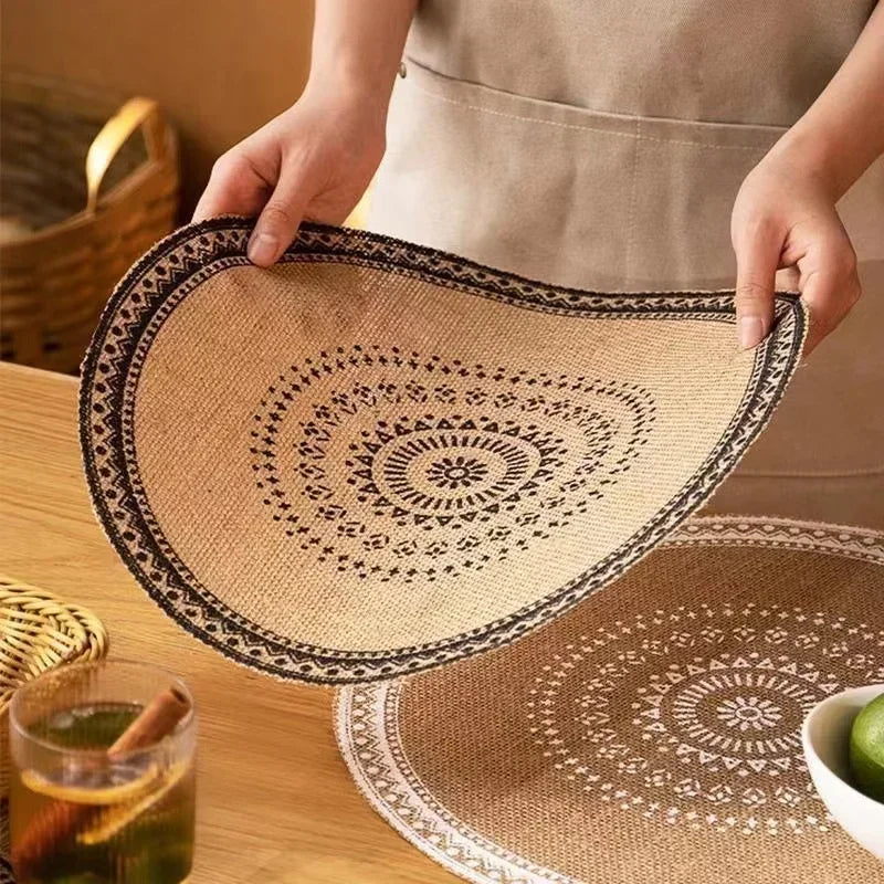 Boho Round Placemat 15 Inch,Farmhouse Woven Jute Fringe TableMats with Pompom Tassel Place Mat for Dining Room INS Table Decors