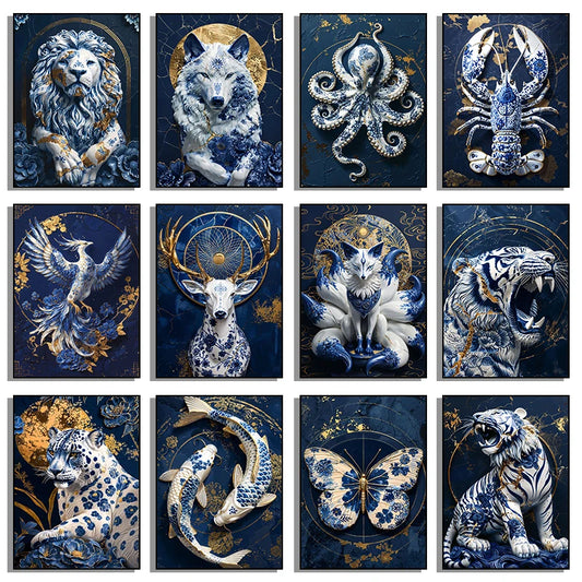 Vintage Porcelain Style  Animals Canvas Painting And Print Abstract Wall Art HD Poster for Living Room Home Decor Frameless Gift