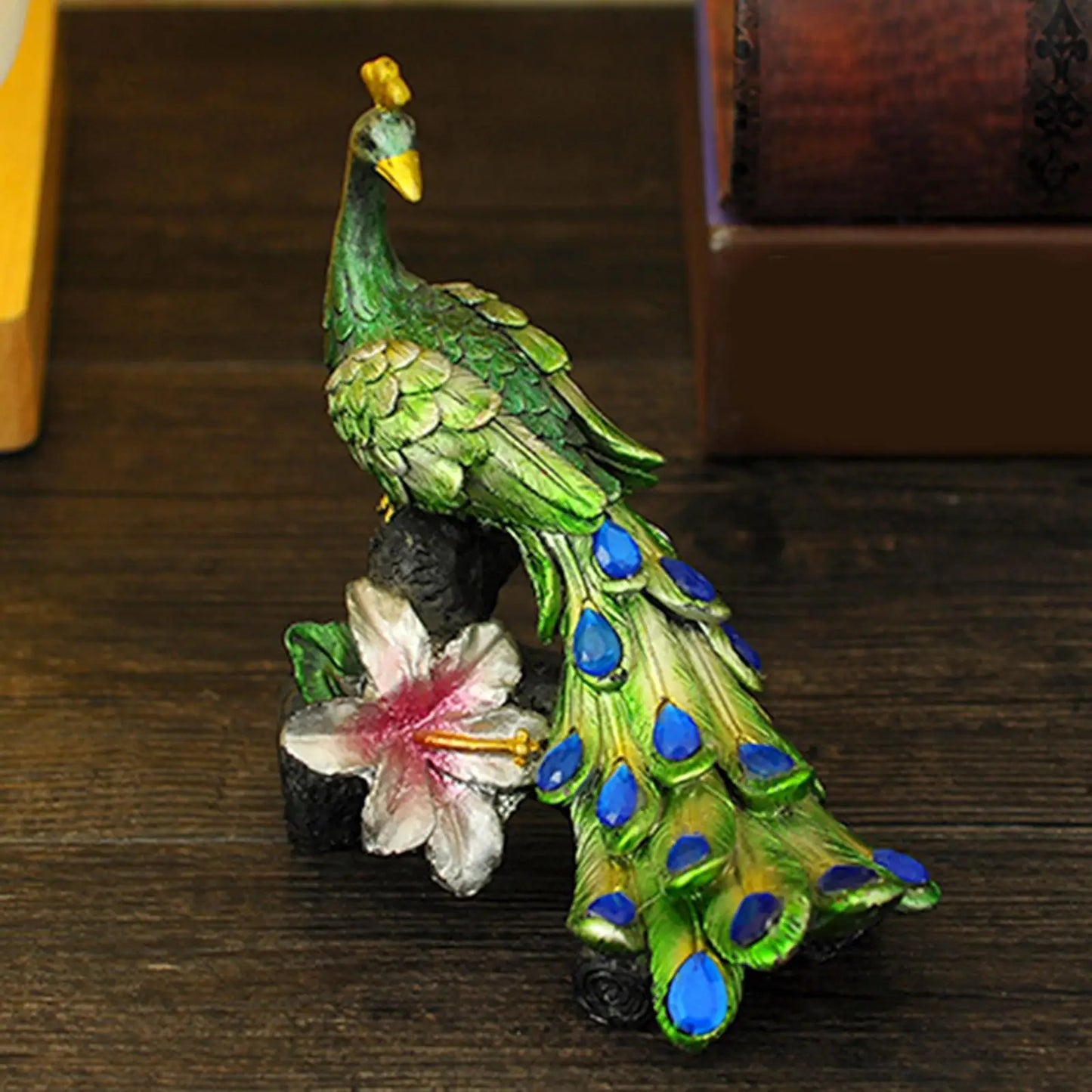 Resin Peacock Figurine Hand Painted Craft Art Collectible Rhinestones Animal Figurines for Home Office Desktop Bookshelf Decors
