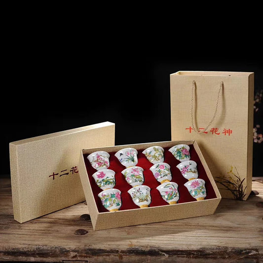 Kung Fu Tea Cup Twelve Flower Gods Set Enamel Pastel Ceramics 12 Pieces Gift Box Host’s Ceramics & Pottery Chinese Teaware Bar
