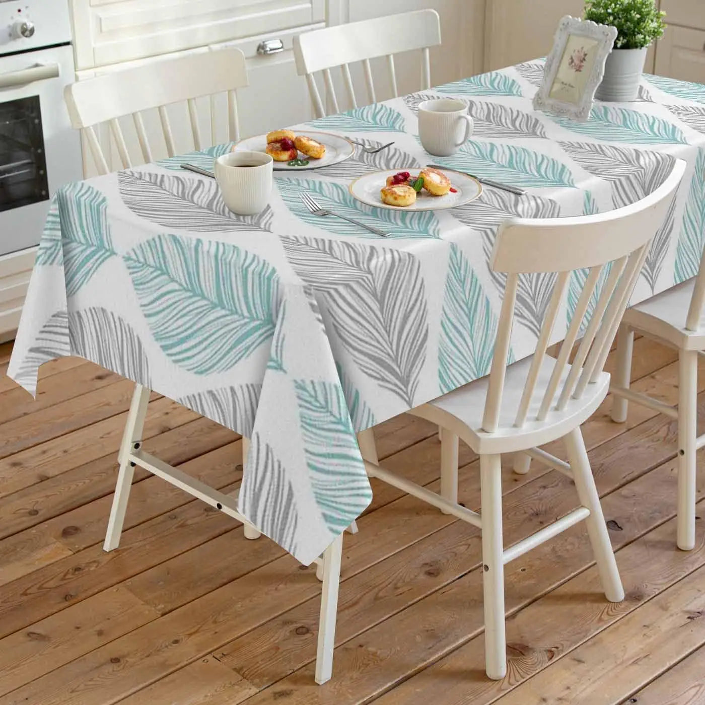 Teal Abstract Leaves Stripes Rectangle Tablecloth Holiday Party Decor Washable Kitchen Dining Table Cloths Outdoor Picnic Decor