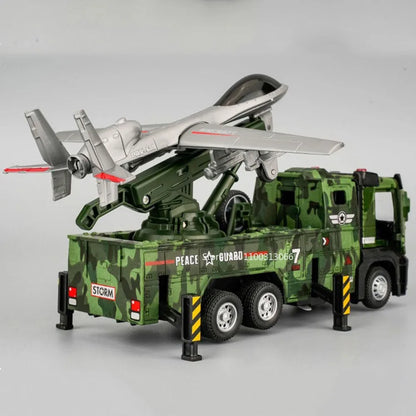 1:32 Military Drone Launch Vehicle Toys Cars Alloy Models Wheel Pull Back with Light Sound Miniature Car for Boys Birthday Gifts