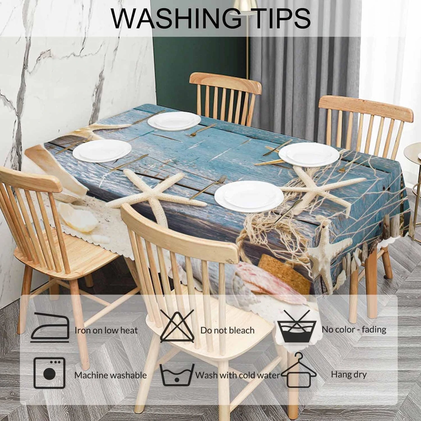 Beach Starfish Seashell Fishnet Rectangle Tablecloth Party Decor Rustic Wood Grain Waterproof Table Cloth for Dining Table Decor