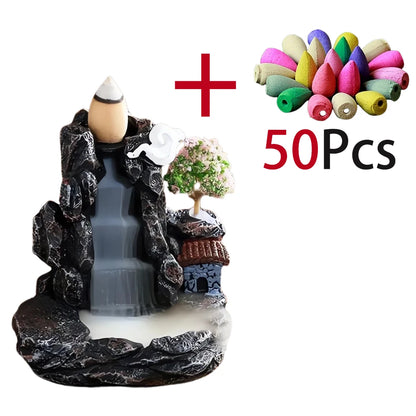 Backflow Incense Holder Waterfall Incense Burner Home Decor Aromatherapy Ornament Incense Cones with Backflow Incense Cones