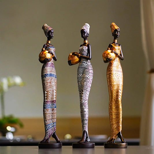 African Woman Figurines for Interior Decoration, Creative Tribal Lady Decorative Sculptures for Home Resin Art Statue Home Decor