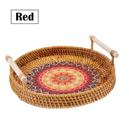 22/24/28cm Rattan Fruit Tray to Serve Food Round Storage Basket Tray Wooden Handle Food Plate Serving Trays Kitchen Supplies