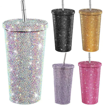 2023 Rhinestone Stainless Steel Double Layer Thermos Cups Women Glitter Cup Water Bottle Gift 500ml Reusable Straw Cup With Lid
