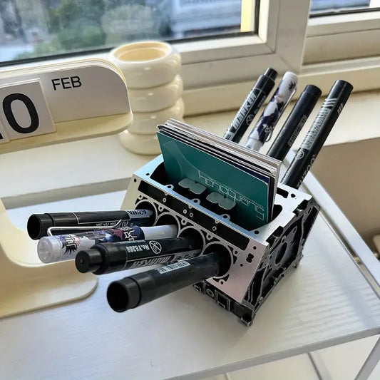 Creative Engine Block Desk Organizer Business Card Pen Holder Perfect Gift for Car Enthusiasts Resin Construction