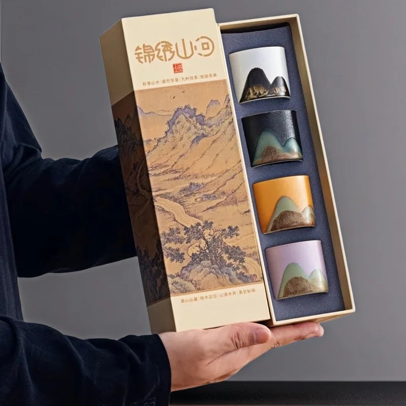 Hand-PaintedCeramicTeaCupSet (4-Pc) - MountainLandscape GiftBox for Corporate Gifts Festival Souvenirs & Chinese Art Collection