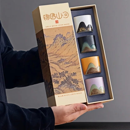 Hand-PaintedCeramicTeaCupSet (4-Pc) - MountainLandscape GiftBox for Corporate Gifts Festival Souvenirs & Chinese Art Collection