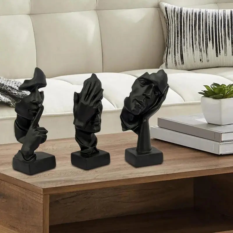 Black Thinker Statue 3pcs Modern Home Collection Statues Abstract Facial Art Resin Ladies Thinker Figurines Set For Living Room