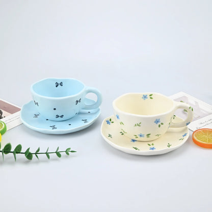 2PCS/Set High-end Coffee Cups And Saucers, High-value Ceramic Mugs, Business-style Latte Art Coffee Cups, Hand-pinched Cups