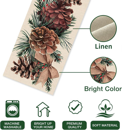 Christmas  Pine Cone Pine Needle Branch Berry Linen Table Runner for Table Decor Winter Xmas Table Runners Christmas Decorations